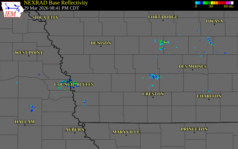 NEXRAD radar during the Sunday, March 29, 2026 storm activity in Cass County, Iowa