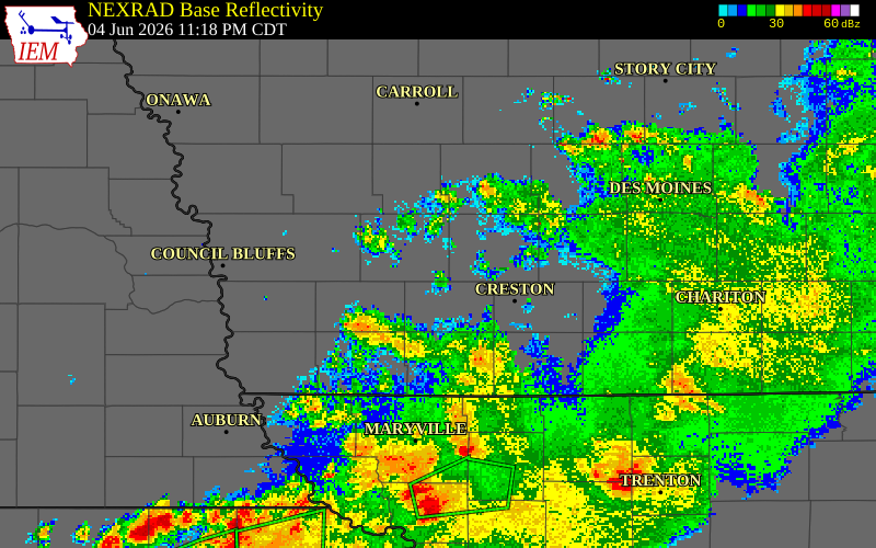 NEXRAD radar during the Thursday, June 4, 2026 storm activity in Cass County, Iowa