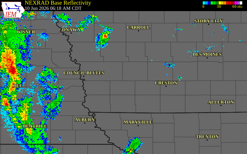 NEXRAD radar during the Wednesday, June 10, 2026 storm activity in Cass County, Iowa