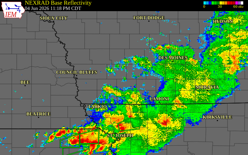 Radar snapshot during the Jun 4, 2026 hail event near 3 S Massena, Cass County, Iowa, with NWS warning polygons