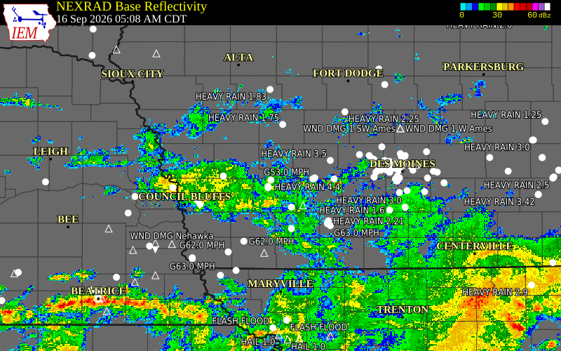 Current NEXRAD radar over Cass County, Iowa with recent storm report locations