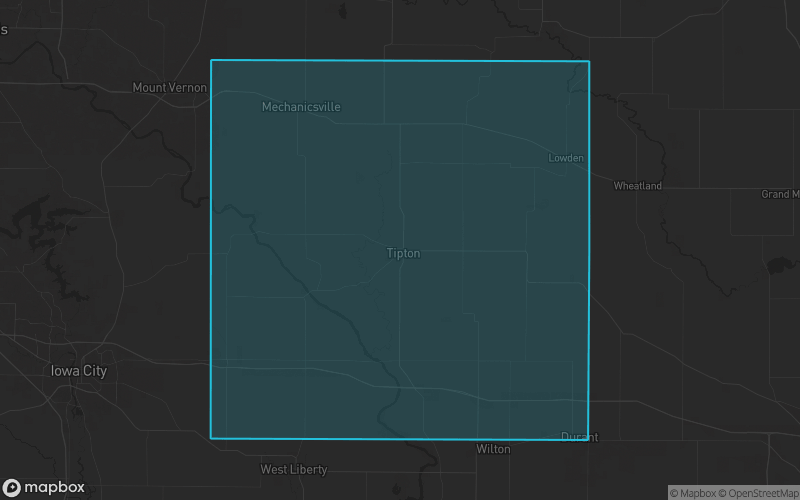 Map of Cedar County, Iowa showing the county boundary and surrounding cities