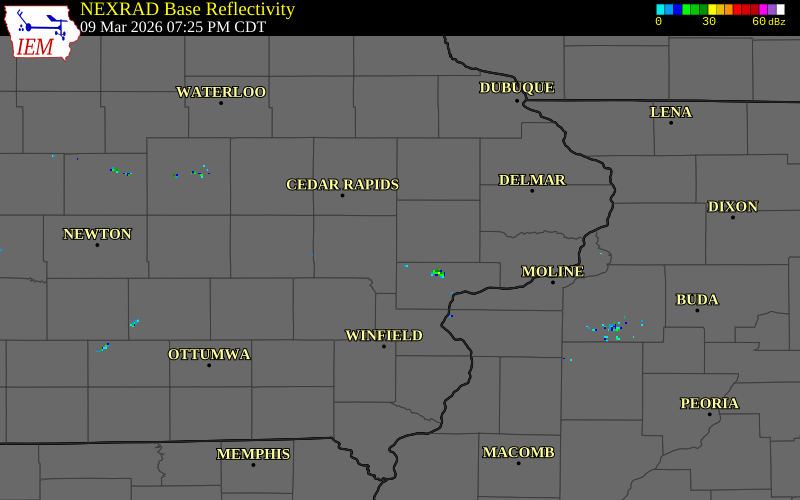 NEXRAD radar during the Monday, March 9, 2026 storm activity in Cedar County, Iowa