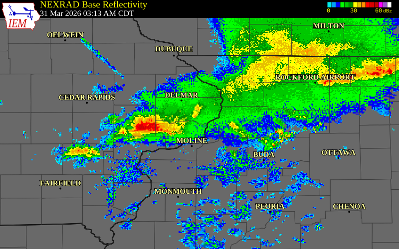 NEXRAD radar during the Tuesday, March 31, 2026 storm activity in Cedar County, Iowa