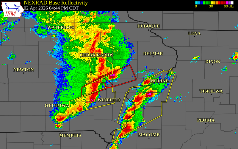 NEXRAD radar during the Thursday, April 2, 2026 storm activity in Cedar County, Iowa