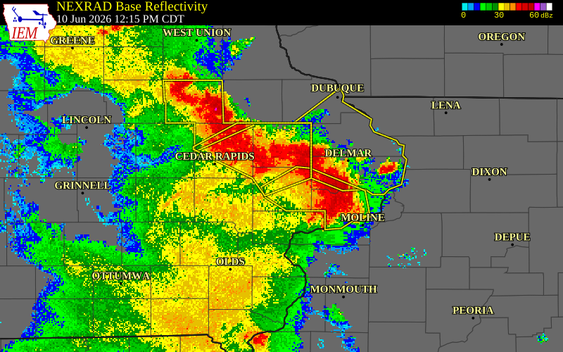 NEXRAD radar during the Wednesday, June 10, 2026 storm activity in Cedar County, Iowa