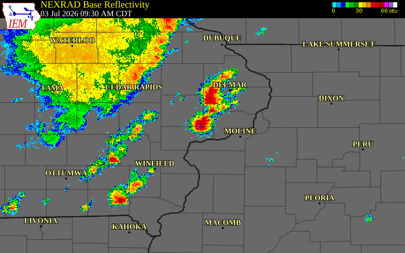 NEXRAD radar during the Friday, July 3, 2026 storm activity in Cedar County, Iowa