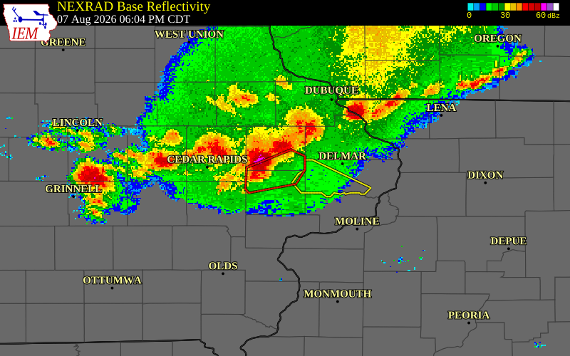 NEXRAD radar during the Friday, August 7, 2026 storm activity in Cedar County, Iowa