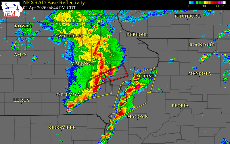 Radar snapshot during the Apr 2, 2026 tornado event near 1 E Springdale, Cedar County, Iowa, with NWS warning polygons
