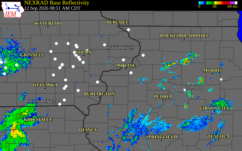 Current NEXRAD radar over Cedar County, Iowa with recent storm report locations