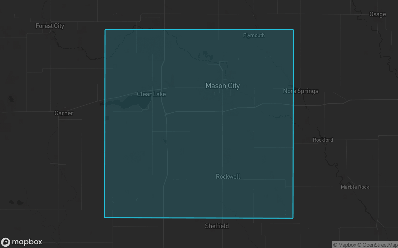 Map of Cerro Gordo County, Iowa showing the county boundary and surrounding cities