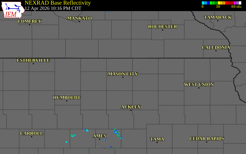 NEXRAD radar during the Sunday, April 12, 2026 storm activity in Cerro Gordo County, Iowa