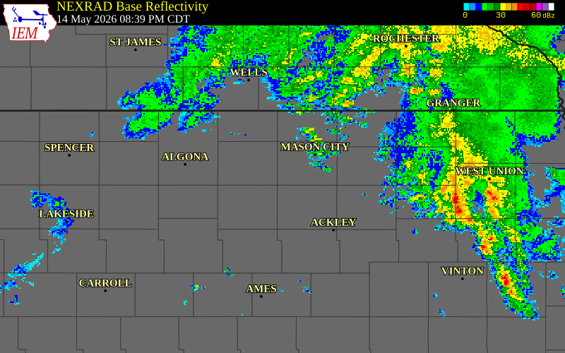 NEXRAD radar during the Thursday, May 14, 2026 storm activity in Cerro Gordo County, Iowa