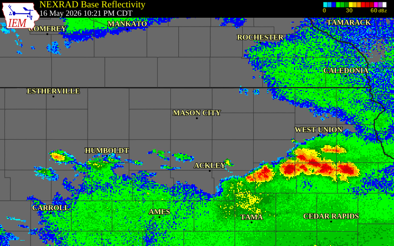 NEXRAD radar during the Saturday, May 16, 2026 storm activity in Cerro Gordo County, Iowa