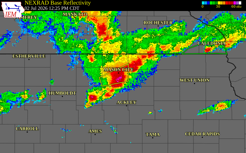 NEXRAD radar during the Thursday, July 2, 2026 storm activity in Cerro Gordo County, Iowa