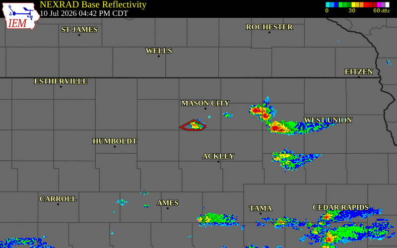 NEXRAD radar during the Friday, July 10, 2026 storm activity in Cerro Gordo County, Iowa