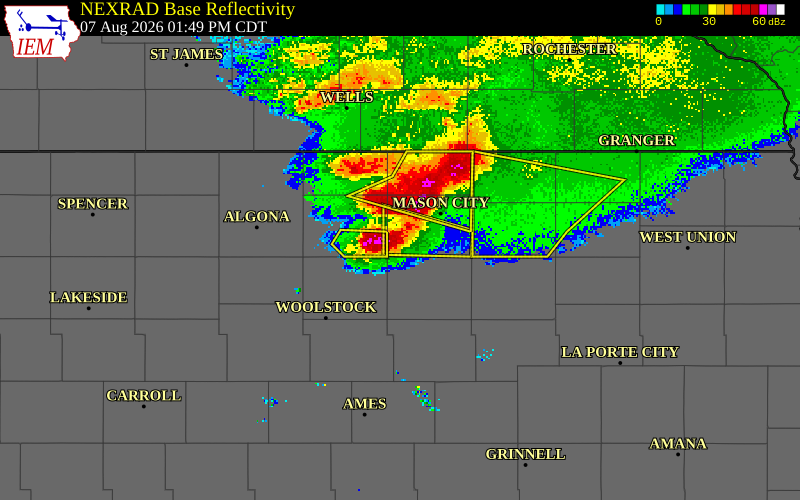 NEXRAD radar during the Friday, August 7, 2026 storm activity in Cerro Gordo County, Iowa