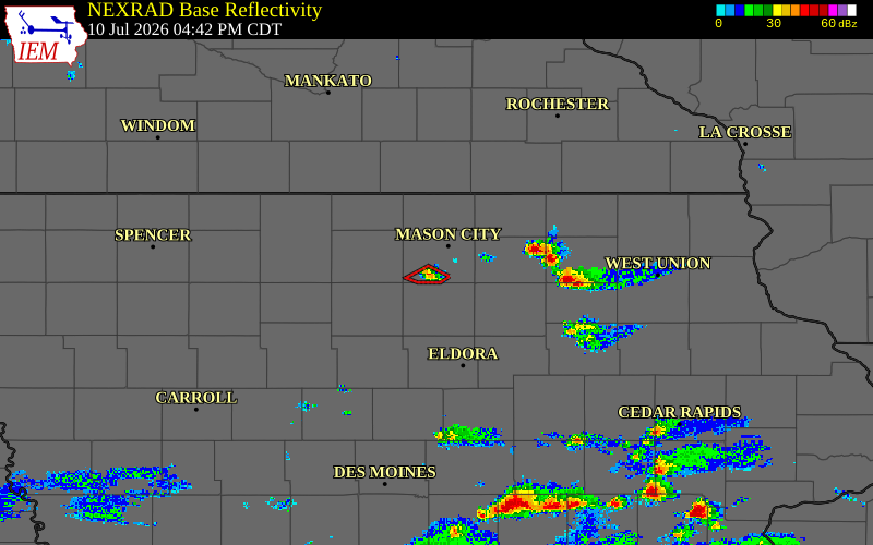 Radar snapshot during the Jul 10, 2026 tornado event near 2 E Swaledale, Cerro Gordo County, Iowa, with NWS warning polygons