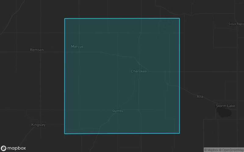 Map of Cherokee County, Iowa showing the county boundary and surrounding cities