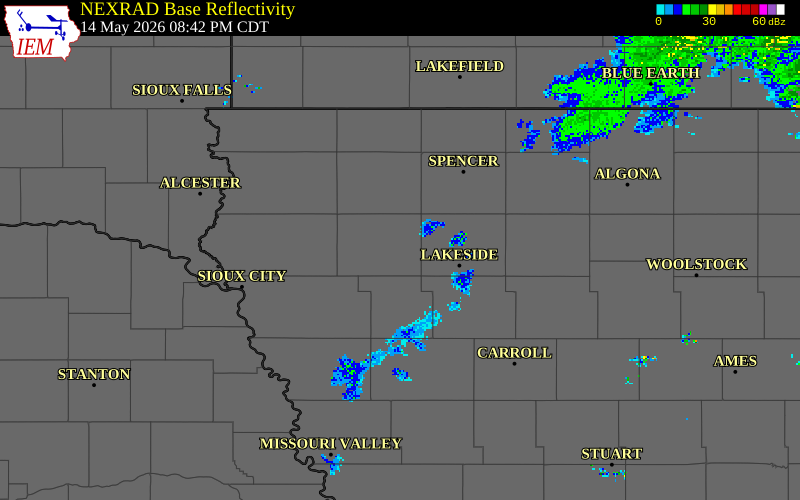 NEXRAD radar during the Thursday, May 14, 2026 storm activity in Cherokee County, Iowa