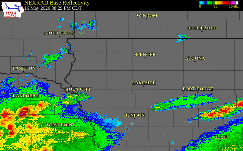 NEXRAD radar during the Saturday, May 16, 2026 storm activity in Cherokee County, Iowa