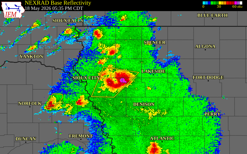 NEXRAD radar during the Monday, May 18, 2026 storm activity in Cherokee County, Iowa