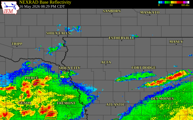 Radar snapshot during the May 16, 2026 tornado event near 3 NE Meriden, Cherokee County, Iowa, with NWS warning polygons
