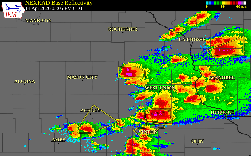 NEXRAD radar during the Tuesday, April 14, 2026 storm activity in Chickasaw County, Iowa