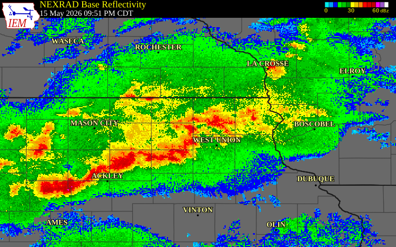 NEXRAD radar during the Friday, May 15, 2026 storm activity in Chickasaw County, Iowa