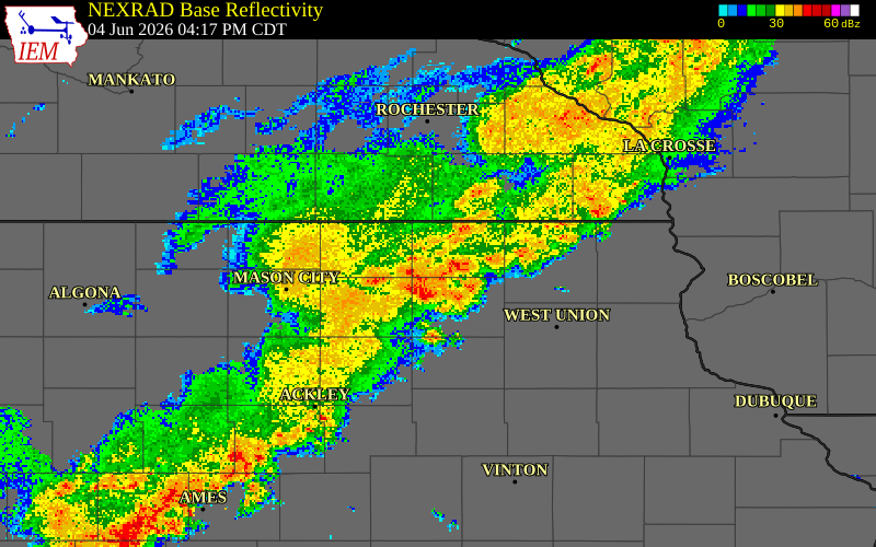 NEXRAD radar during the Thursday, June 4, 2026 storm activity in Chickasaw County, Iowa