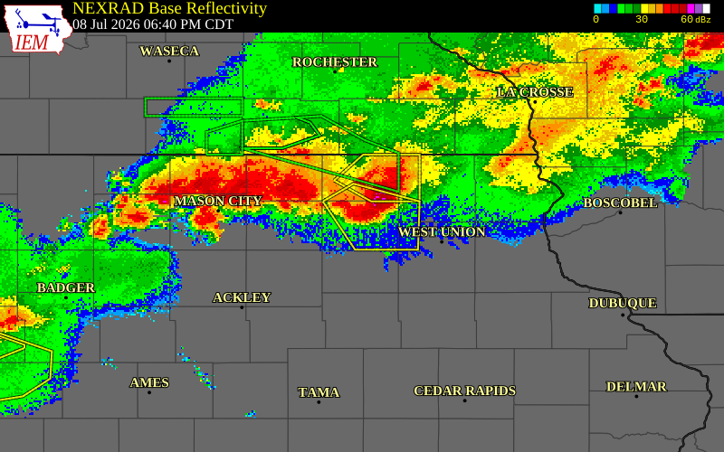 NEXRAD radar during the Wednesday, July 8, 2026 storm activity in Chickasaw County, Iowa