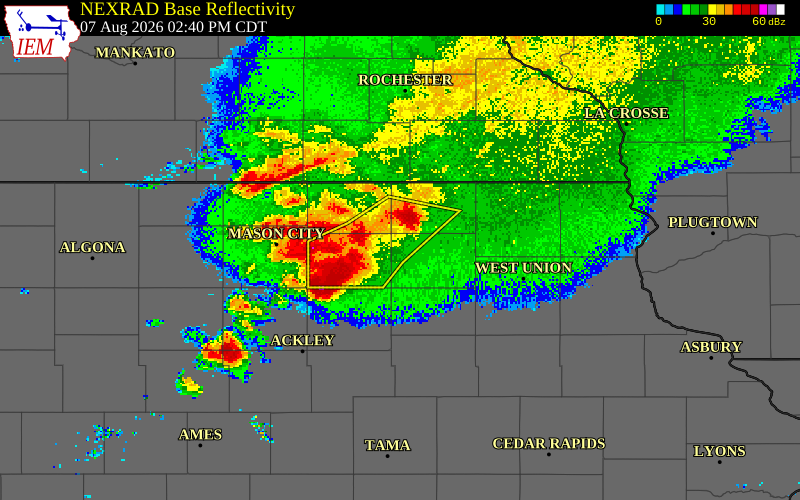 NEXRAD radar during the Friday, August 7, 2026 storm activity in Chickasaw County, Iowa