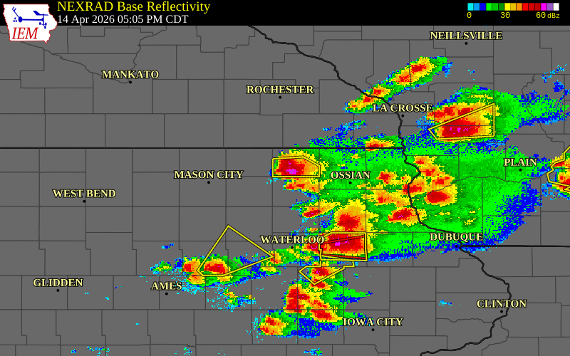 Radar snapshot during the Apr 14, 2026 hail event near 1 WNW Alta Vista, Chickasaw County, Iowa, with NWS warning polygons