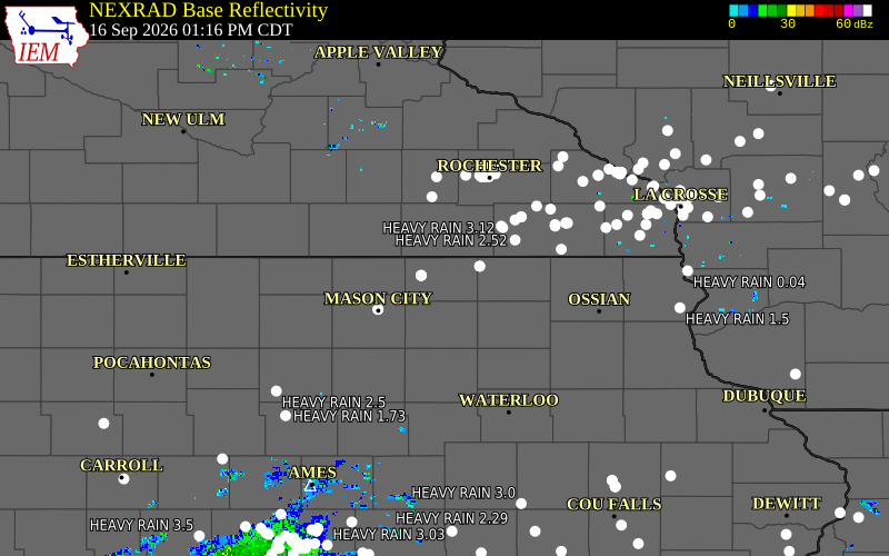 Current NEXRAD radar over Chickasaw County, Iowa with recent storm report locations