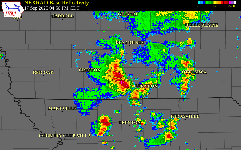 NEXRAD radar during the Wednesday, September 17, 2025 storm activity in Clarke County, Iowa