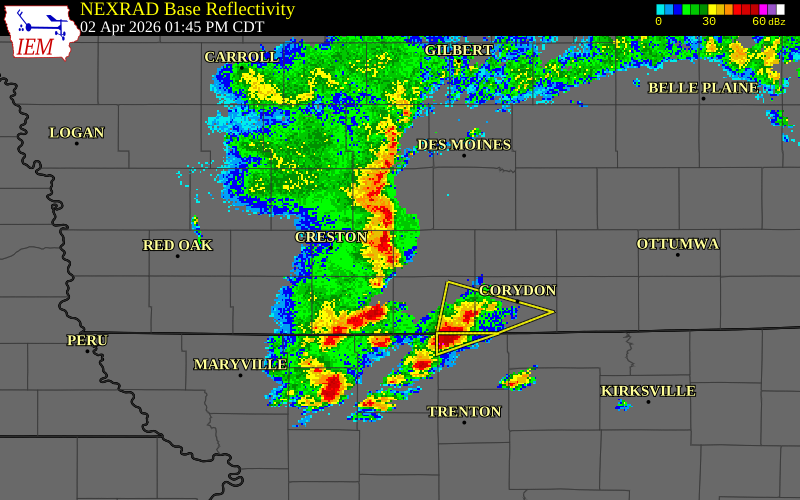 NEXRAD radar during the Thursday, April 2, 2026 storm activity in Clarke County, Iowa