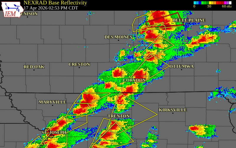 NEXRAD radar during the Friday, April 17, 2026 storm activity in Clarke County, Iowa