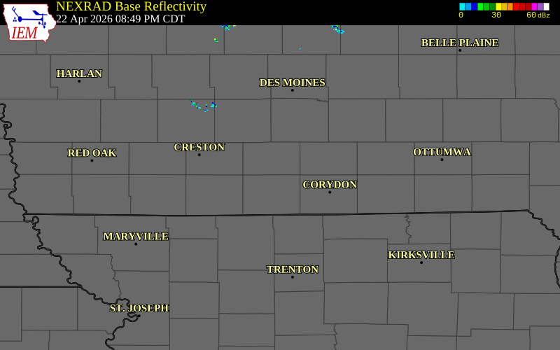 NEXRAD radar during the Wednesday, April 22, 2026 storm activity in Clarke County, Iowa