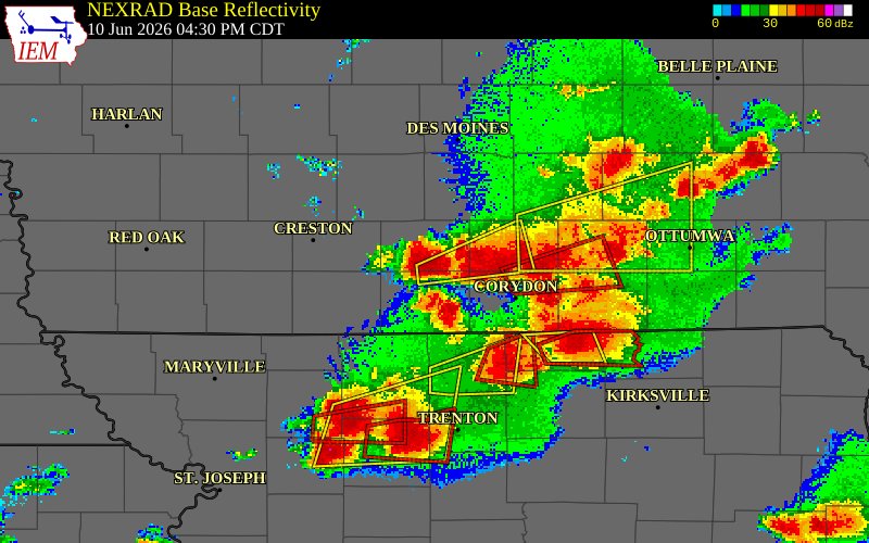 NEXRAD radar during the Wednesday, June 10, 2026 storm activity in Clarke County, Iowa