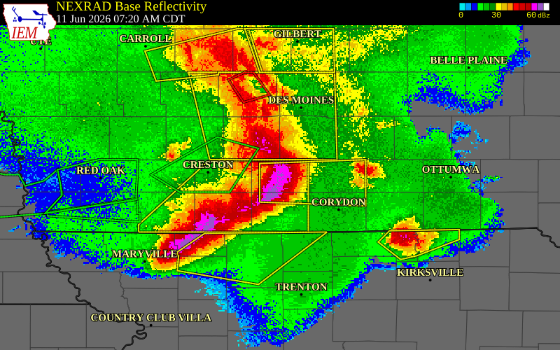 NEXRAD radar during the Thursday, June 11, 2026 storm activity in Clarke County, Iowa