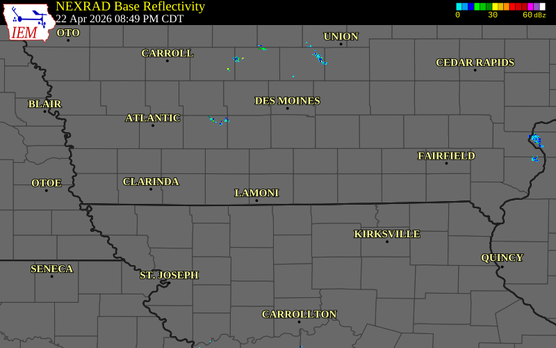 Radar snapshot during the Apr 22, 2026 tornado event near 1 E Weldon, Clarke County, Iowa, with NWS warning polygons
