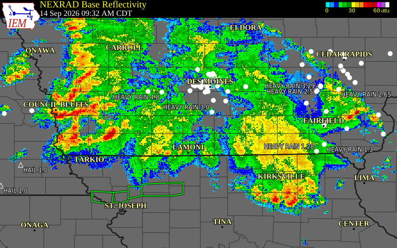 Current NEXRAD radar over Clarke County, Iowa with recent storm report locations