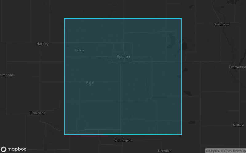 Map of Clay County, Iowa showing the county boundary and surrounding cities