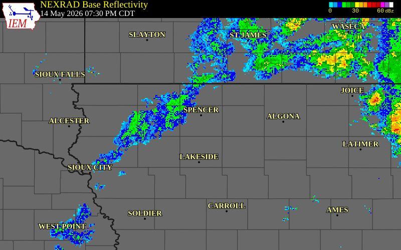 NEXRAD radar during the Thursday, May 14, 2026 storm activity in Clay County, Iowa