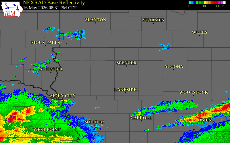 NEXRAD radar during the Saturday, May 16, 2026 storm activity in Clay County, Iowa