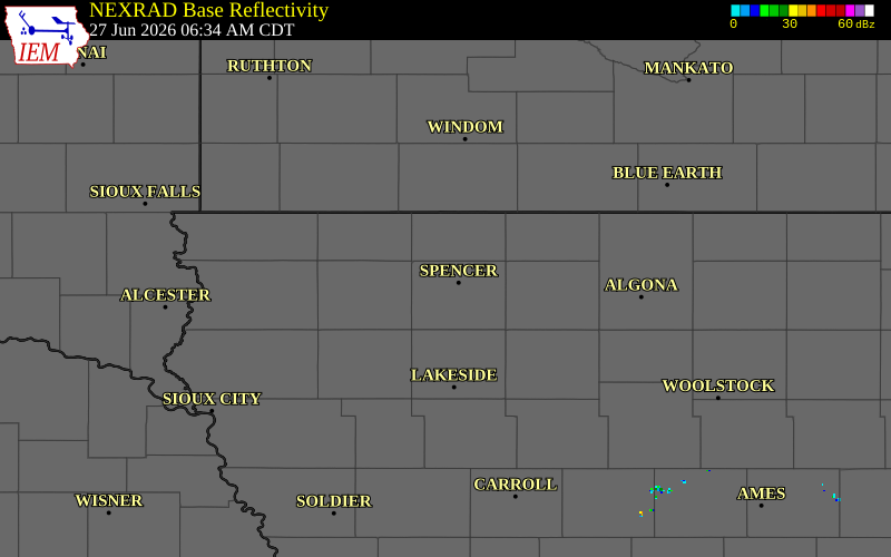 NEXRAD radar during the Saturday, June 27, 2026 storm activity in Clay County, Iowa