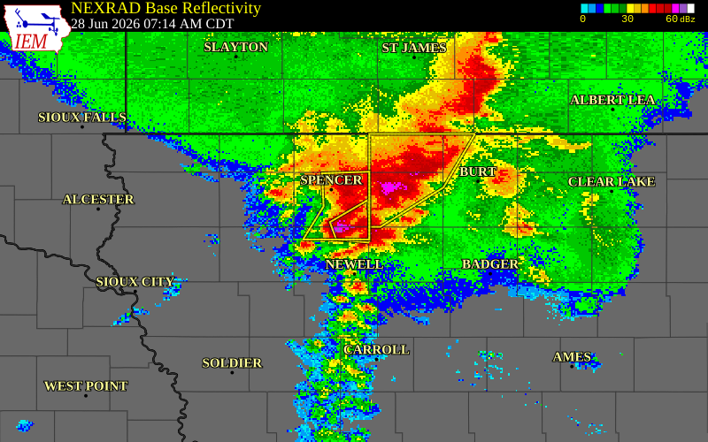 NEXRAD radar during the Sunday, June 28, 2026 storm activity in Clay County, Iowa