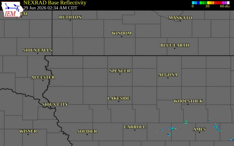 NEXRAD radar during the Monday, June 29, 2026 storm activity in Clay County, Iowa