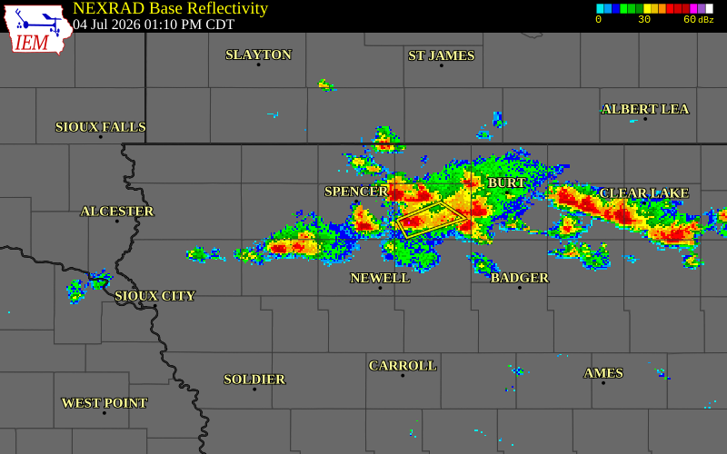 NEXRAD radar during the Saturday, July 4, 2026 storm activity in Clay County, Iowa