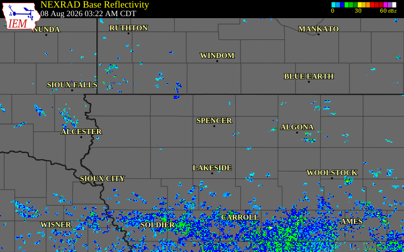 NEXRAD radar during the Saturday, August 8, 2026 storm activity in Clay County, Iowa